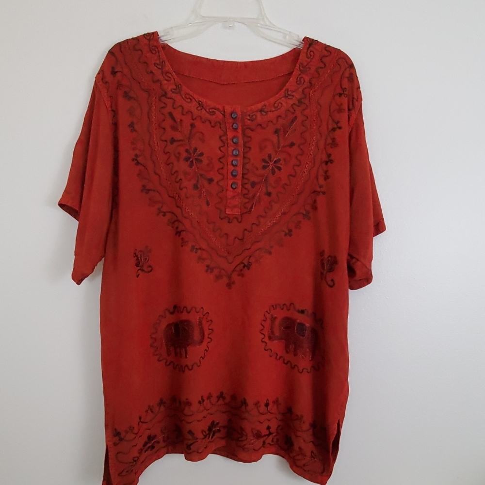Hippie Style Red Embroidered Elephant Top L